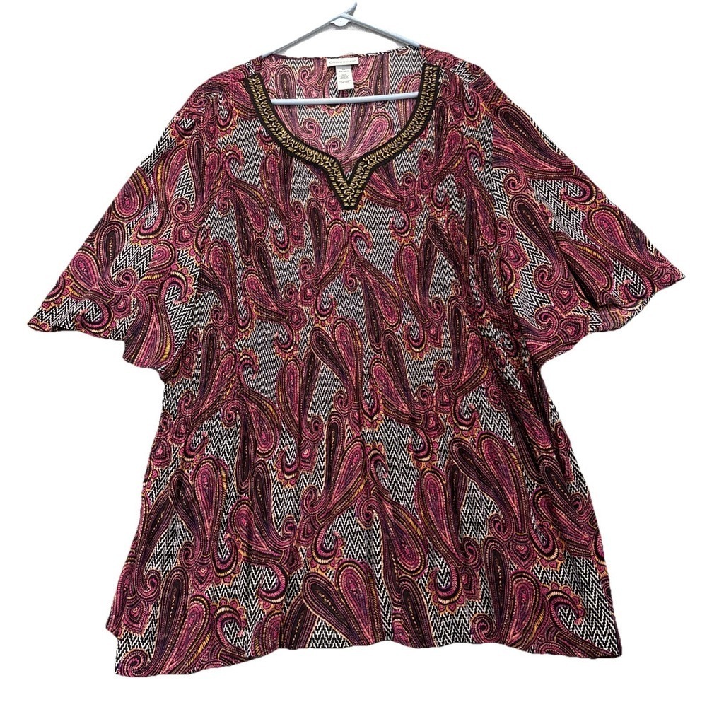 Catherines Tunic Top Womens Sz‎ 3X Paisley Flutter Sleeve Sheer Flowy Colorful